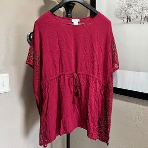 New York & Company Red Crochet Sleeve Drawstring Tunic Top S/M Boho